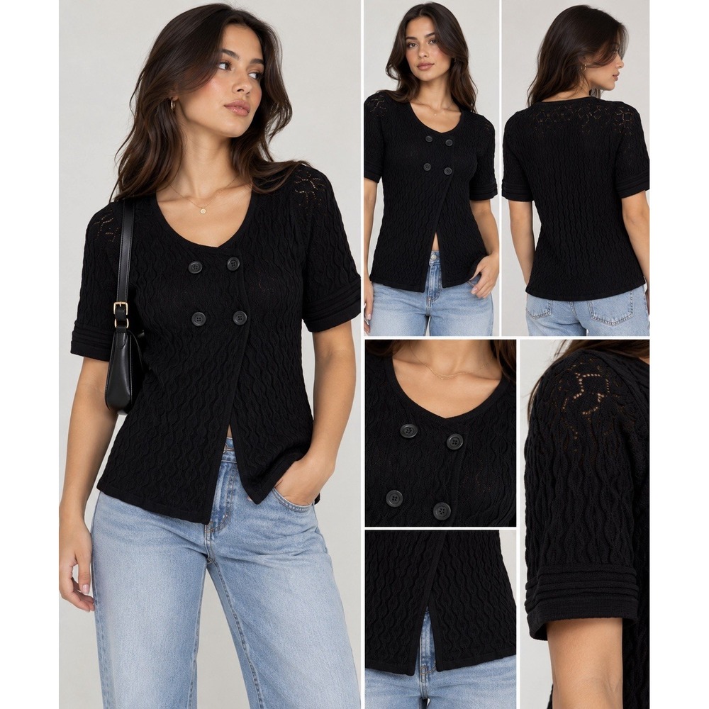 Willi Smith short-sleeve cable-knit cardigan in black.(large New(8-b21)